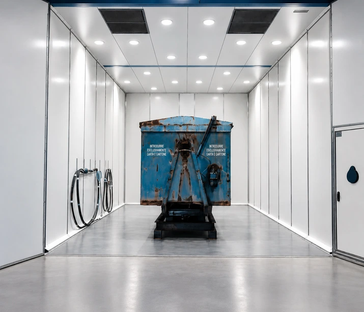 Cabina industriale bianca e illuminata con al centro un cassone metallico blu arrugginito