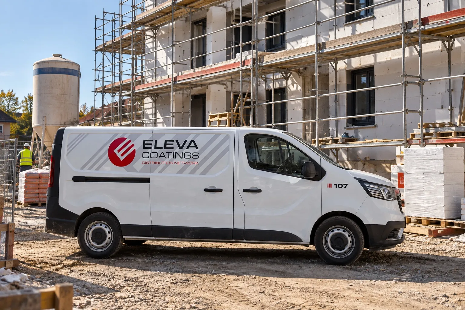 Furgone Eleva Coatings parcheggiato in un cantiere davanti a un edificio con i ponteggi